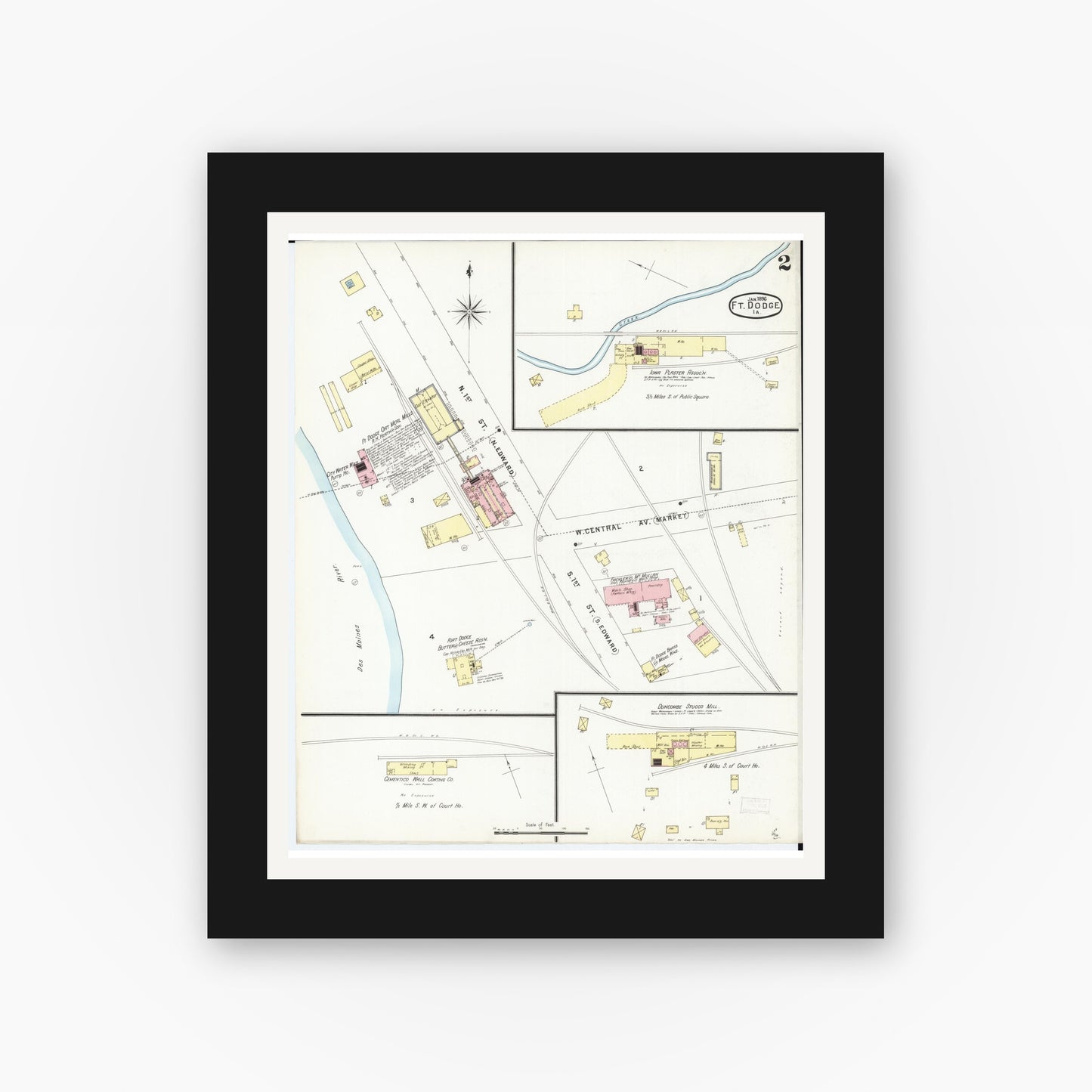 Old map wall art mockup — black gallery frame with white mat — Sanborn Fire Insurance Map from Fort Dodge, Webster County, Iowa (1896), Sheet #0002