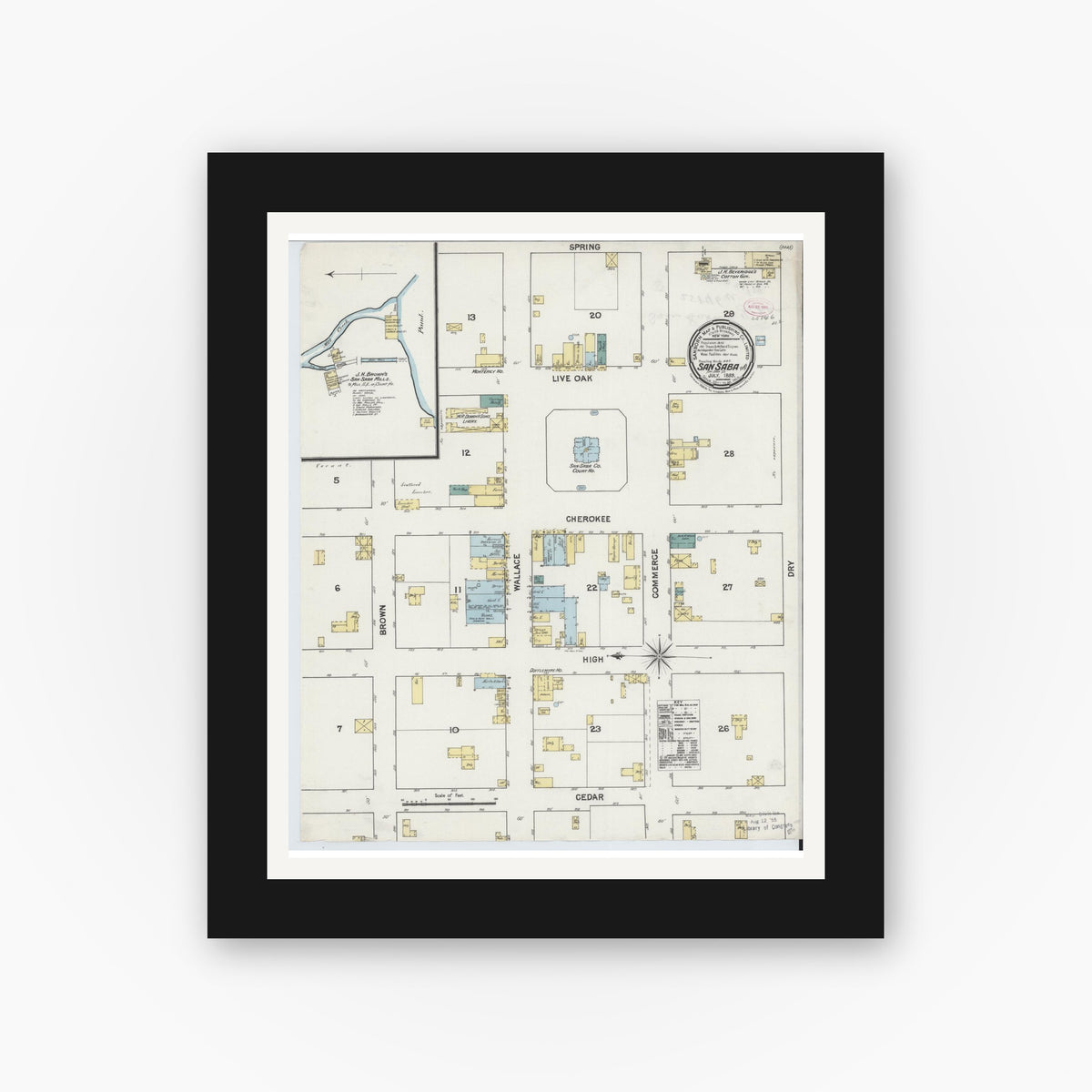 Old map wall art mockup — black gallery frame with white mat — Sanborn Fire Insurance Map from San Saba, San Saba County, Texas (1889), Sheet #0001