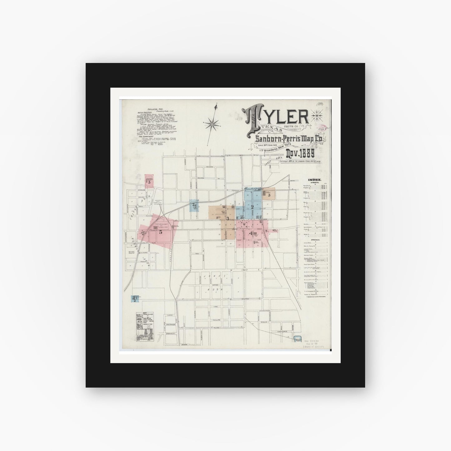 Old map wall art mockup — black gallery frame with white mat — Sanborn Fire Insurance Map from Tyler, Smith County, Texas (1889) - Complete Map Set