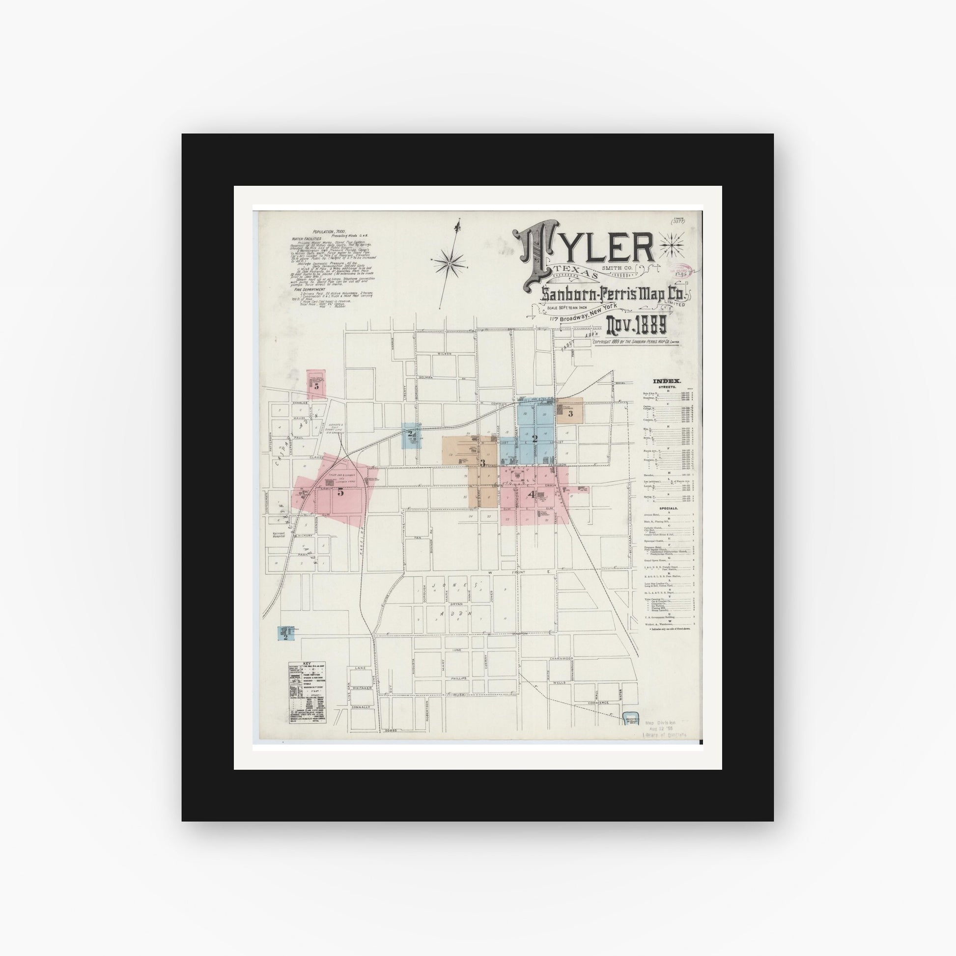 Old map wall art mockup — black gallery frame with white mat — Sanborn Fire Insurance Map from Tyler, Smith County, Texas (1889) - Complete Map Set