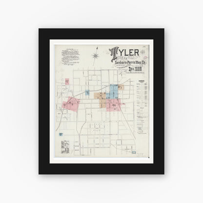 Old map wall art mockup — black gallery frame with white mat — Sanborn Fire Insurance Map from Tyler, Smith County, Texas (1889) - Complete Map Set