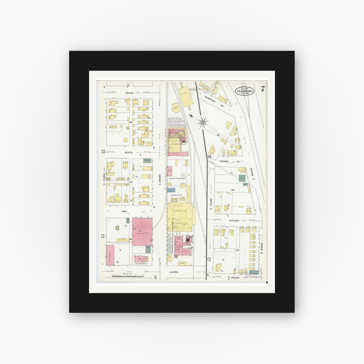 Old map wall art mockup — black gallery frame with white mat — Sanborn Fire Insurance Map from Texarkana, Bowie County, Texas (1909), Sheet #0007
