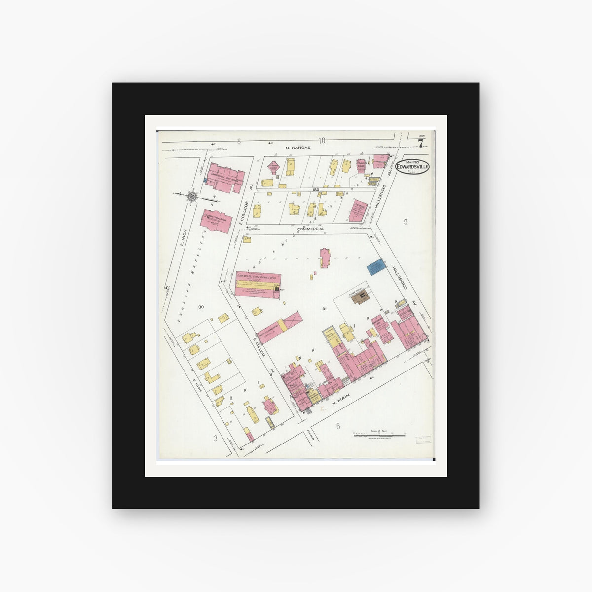 Old map wall art mockup — black gallery frame with white mat — Sanborn Fire Insurance Map from Edwardsville, Madison County, Illinois (1921), Sheet #0007