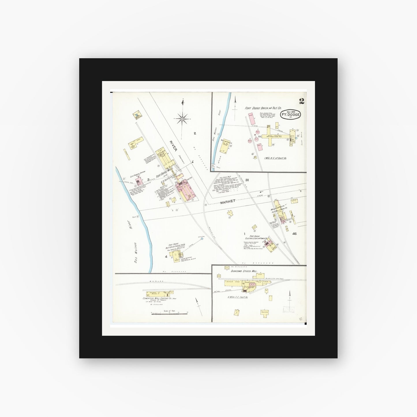 Old map wall art mockup — black gallery frame with white mat — Sanborn Fire Insurance Map from Fort Dodge, Webster County, Iowa (1892), Sheet #0002