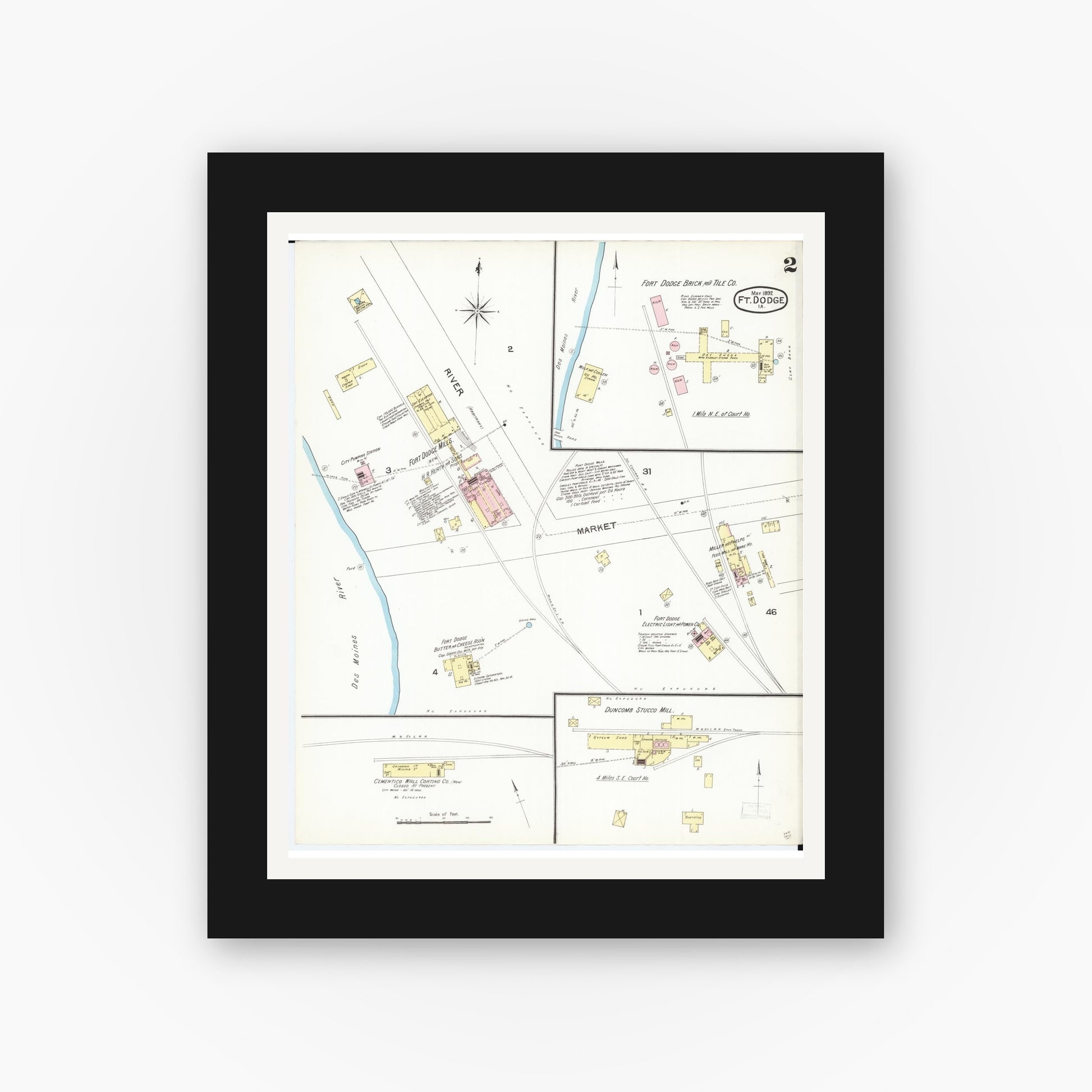 Old map wall art mockup — black gallery frame with white mat — Sanborn Fire Insurance Map from Fort Dodge, Webster County, Iowa (1892), Sheet #0002