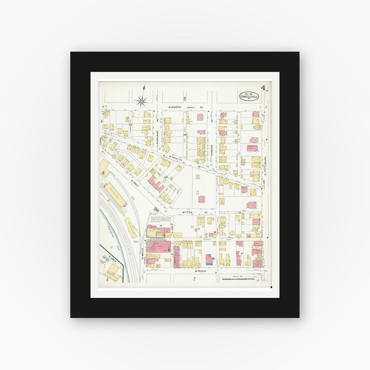 Old map wall art mockup — black gallery frame with white mat — Sanborn Fire Insurance Map from Connellsville, Fayette County, Pennsylvania (1908), Sheet #0004