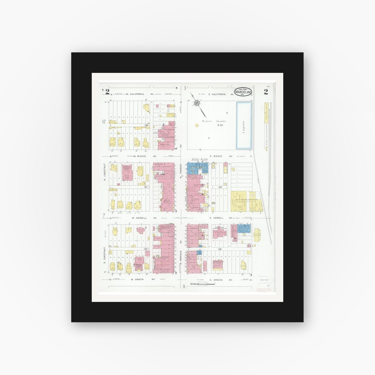 Old map wall art mockup — black gallery frame with white mat — Sanborn Fire Insurance Map from Marceline, Linn County, Missouri (1930), Sheet #0002