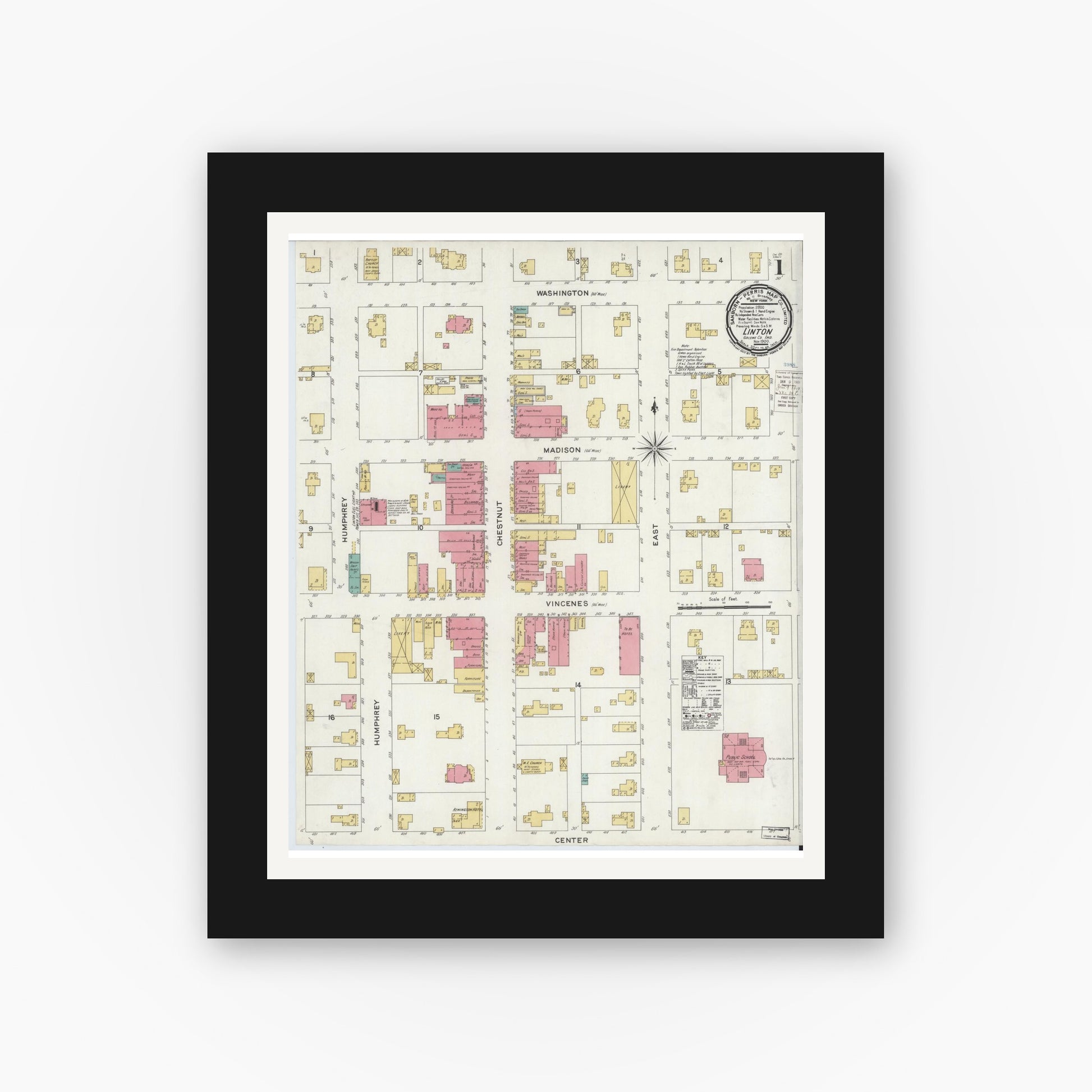 Old map wall art mockup — black gallery frame with white mat — Sanborn Fire Insurance Map from Linton, Greene County, Indiana (1900) - Complete Map Set