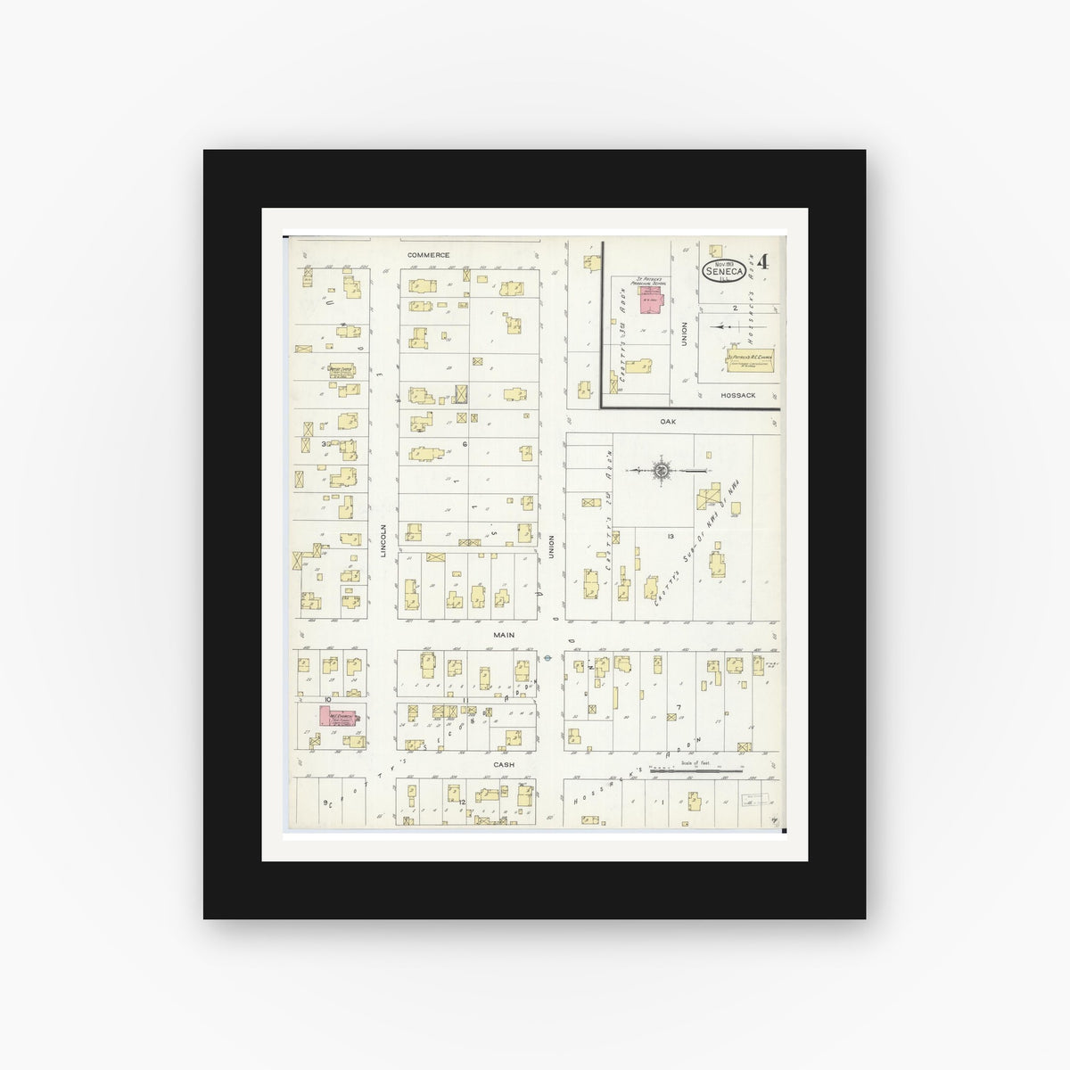Old map wall art mockup — black gallery frame with white mat — Sanborn Fire Insurance Map from Seneca, La Salle County, Illinois (1913), Sheet #0004