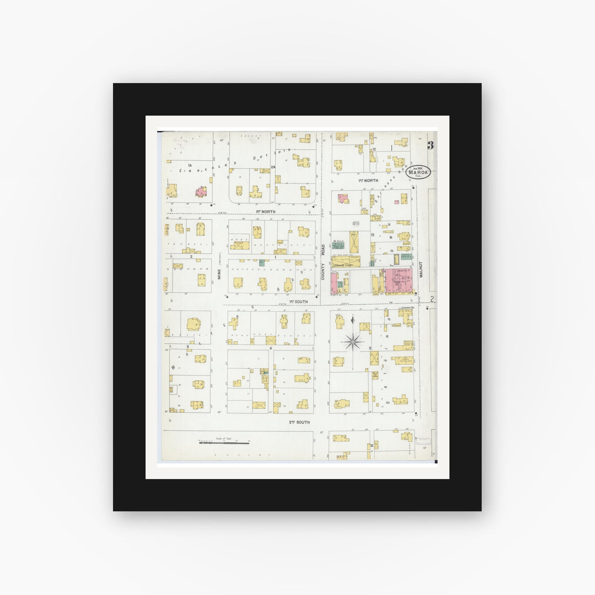 Old map wall art mockup — black gallery frame with white mat — Sanborn Fire Insurance Map from Maroa, Macon County, Illinois (1901), Sheet #0003