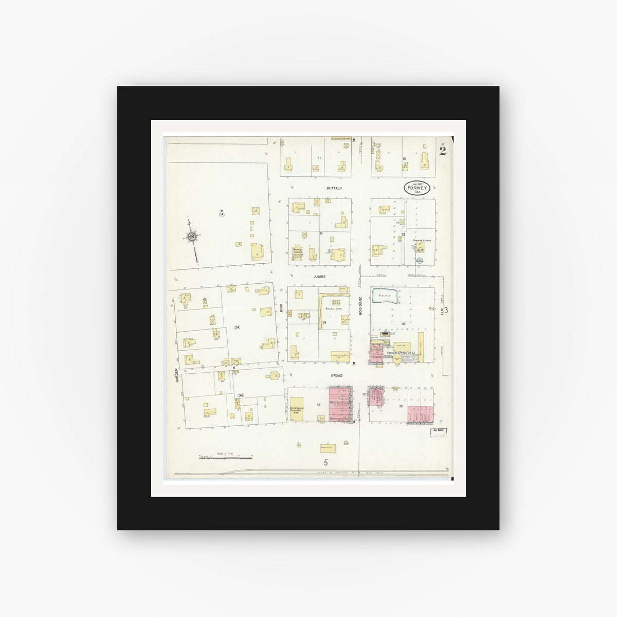 Old map wall art mockup — black gallery frame with white mat — Sanborn Fire Insurance Map from Forney, Kaufman County, Texas (1912), Sheet #0002