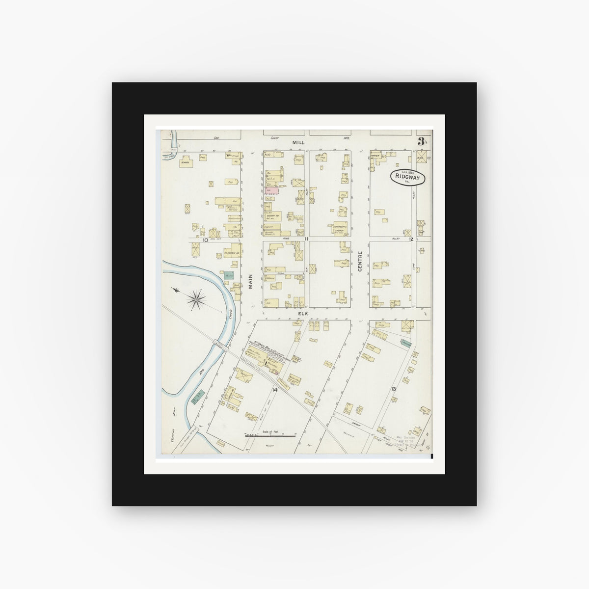 Old map wall art mockup — black gallery frame with white mat — Sanborn Fire Insurance Map from Ridgway, Elk County, Pennsylvania (1887), Sheet #0003
