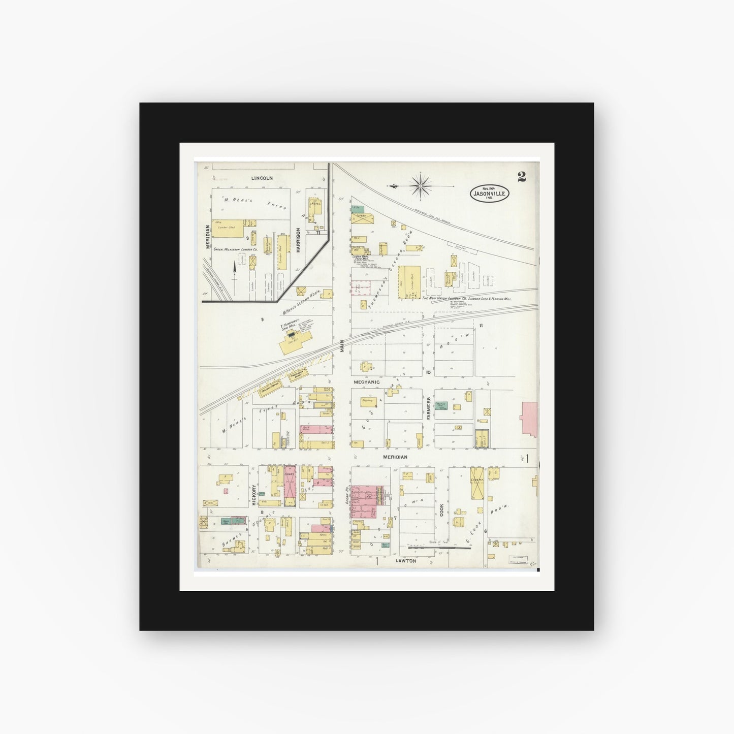 Old map wall art mockup — black gallery frame with white mat — Sanborn Fire Insurance Map from Jasonville, Greene County, Indiana (1904), Sheet #0002