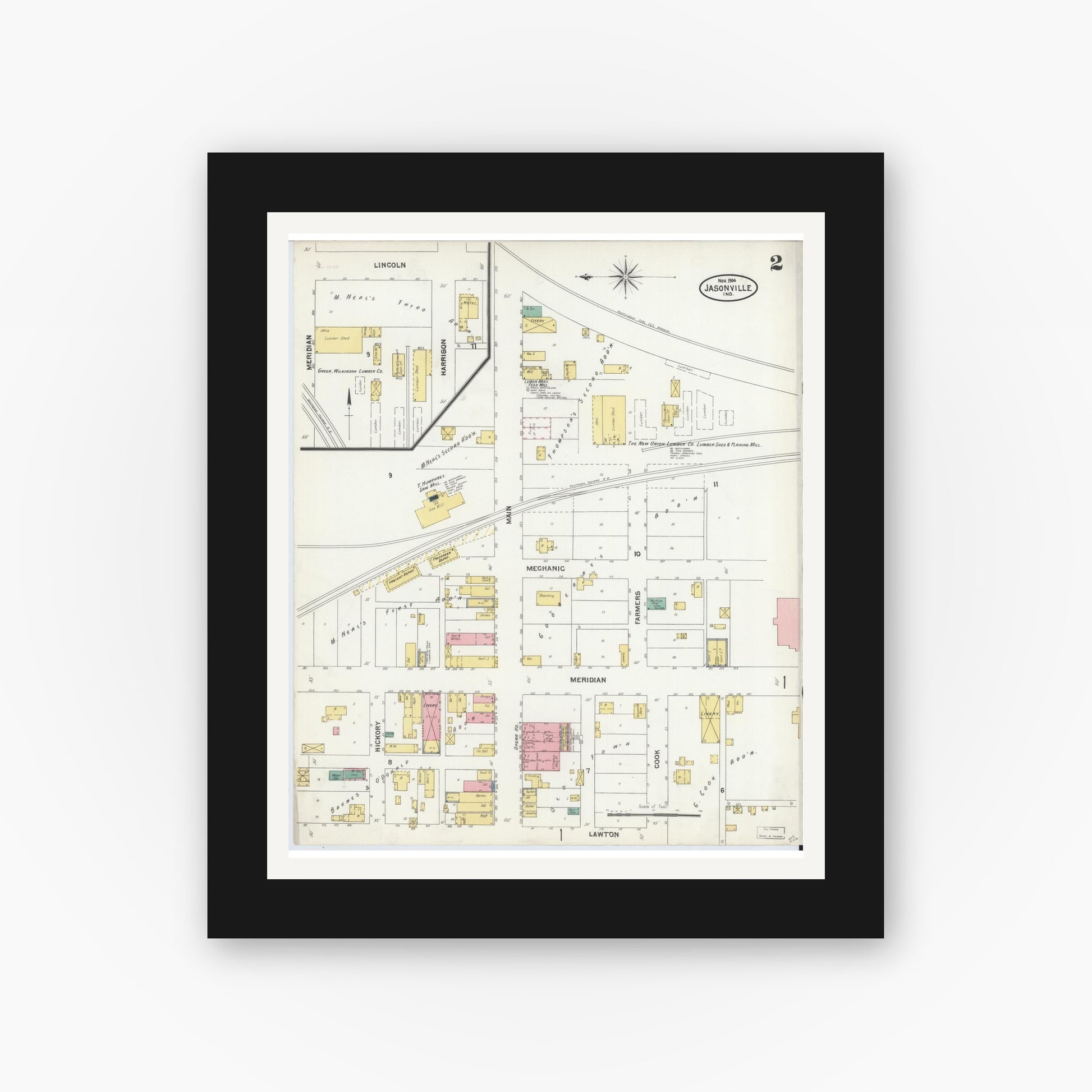 Old map wall art mockup — black gallery frame with white mat — Sanborn Fire Insurance Map from Jasonville, Greene County, Indiana (1904), Sheet #0002