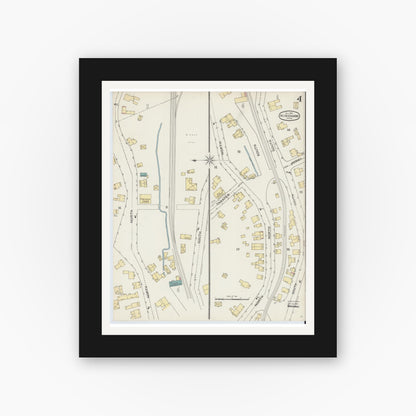 Old map wall art mockup — black gallery frame with white mat — Sanborn Fire Insurance Map from Hingham, Plymouth County, Massachusetts (1893), Sheet #0004