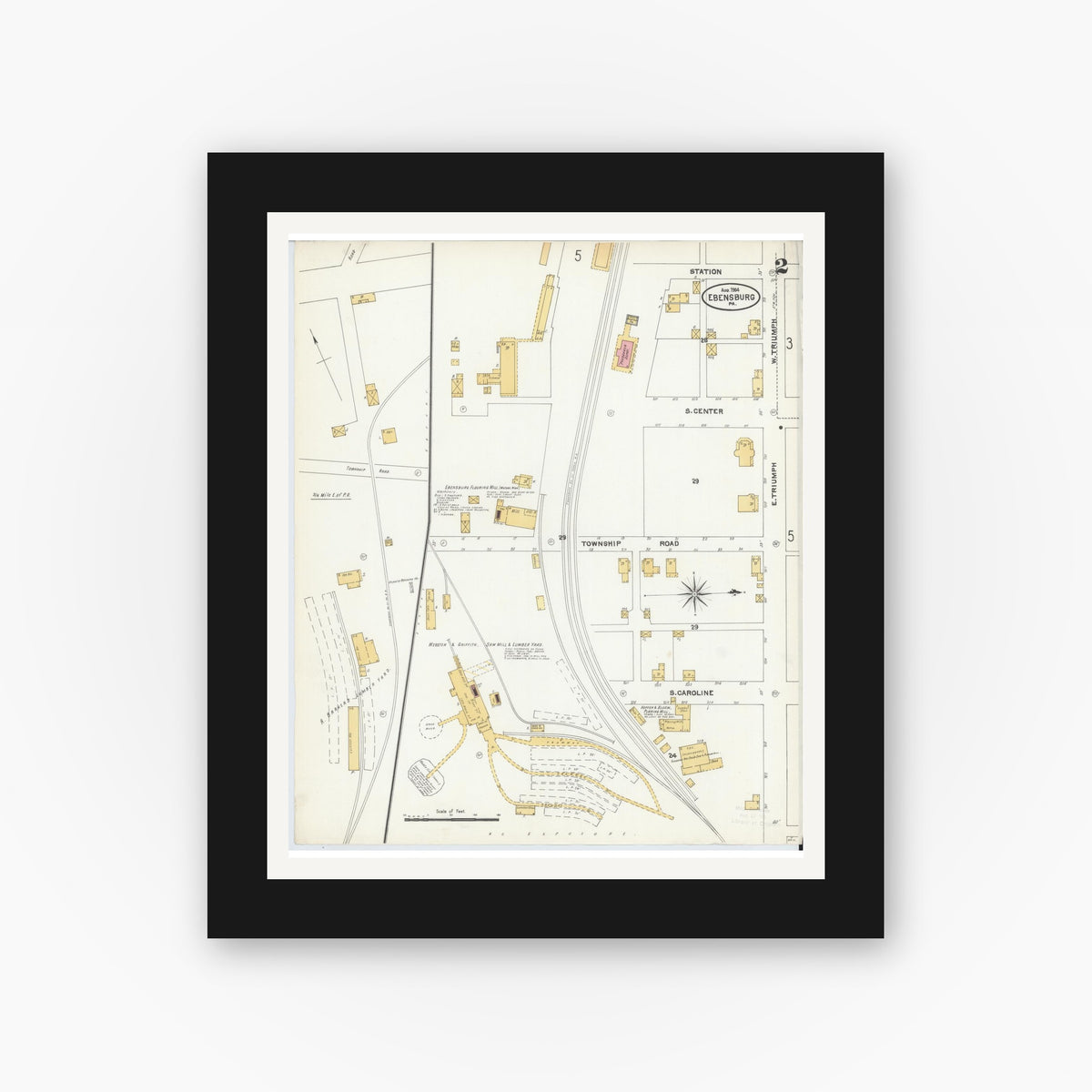 Old map wall art mockup — black gallery frame with white mat — Sanborn Fire Insurance Map from Ebensburg, Cambria County, Pennsylvania (1904), Sheet #0002