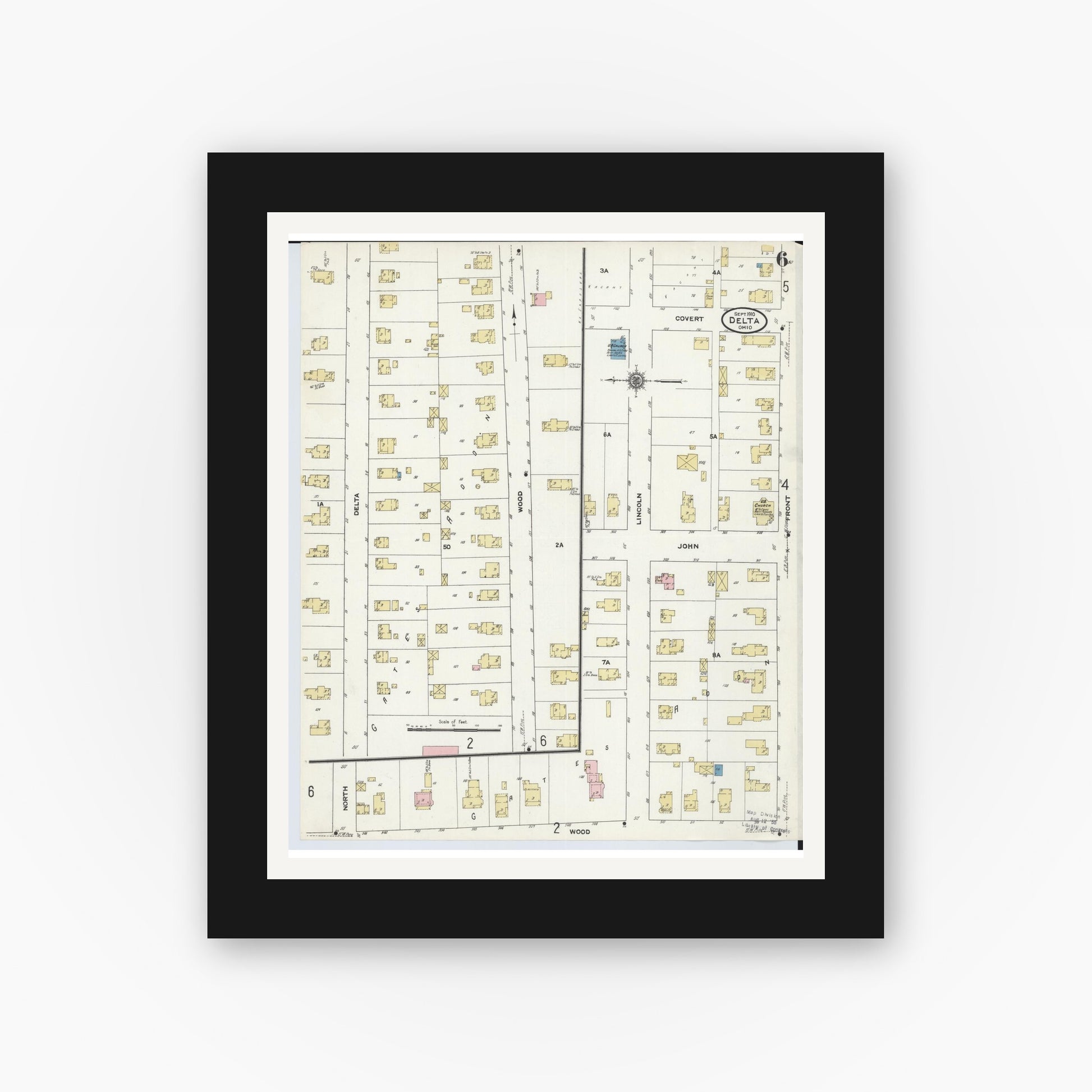 Old map wall art mockup — black gallery frame with white mat — Sanborn Fire Insurance Map from Delta, Fulton County, Ohio (1905), Sheet #0010