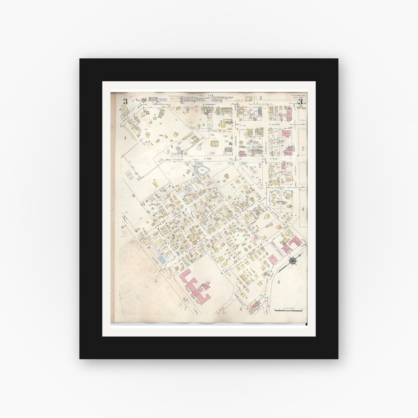 Old map wall art mockup — black gallery frame with white mat — Sanborn Fire Insurance Map from Kilgore, Gregg County, Texas (1950), Sheet #0003