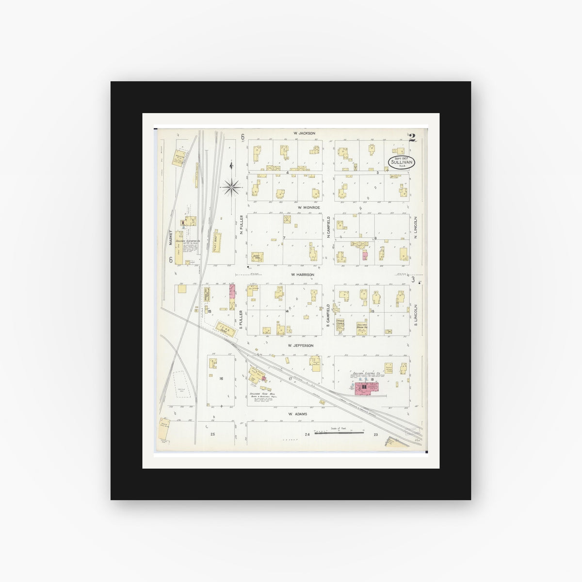 Old map wall art mockup — black gallery frame with white mat — Sanborn Fire Insurance Map from Sullivan, Moultrie County, Illinois (1907), Sheet #0002
