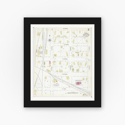 Old map wall art mockup — black gallery frame with white mat — Sanborn Fire Insurance Map from Sullivan, Moultrie County, Illinois (1907), Sheet #0002