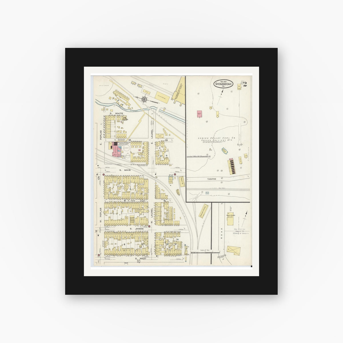 Old map wall art mockup — black gallery frame with white mat — Sanborn Fire Insurance Map from Shenandoah, Schuylkill County, Pennsylvania (1913), Sheet #0002