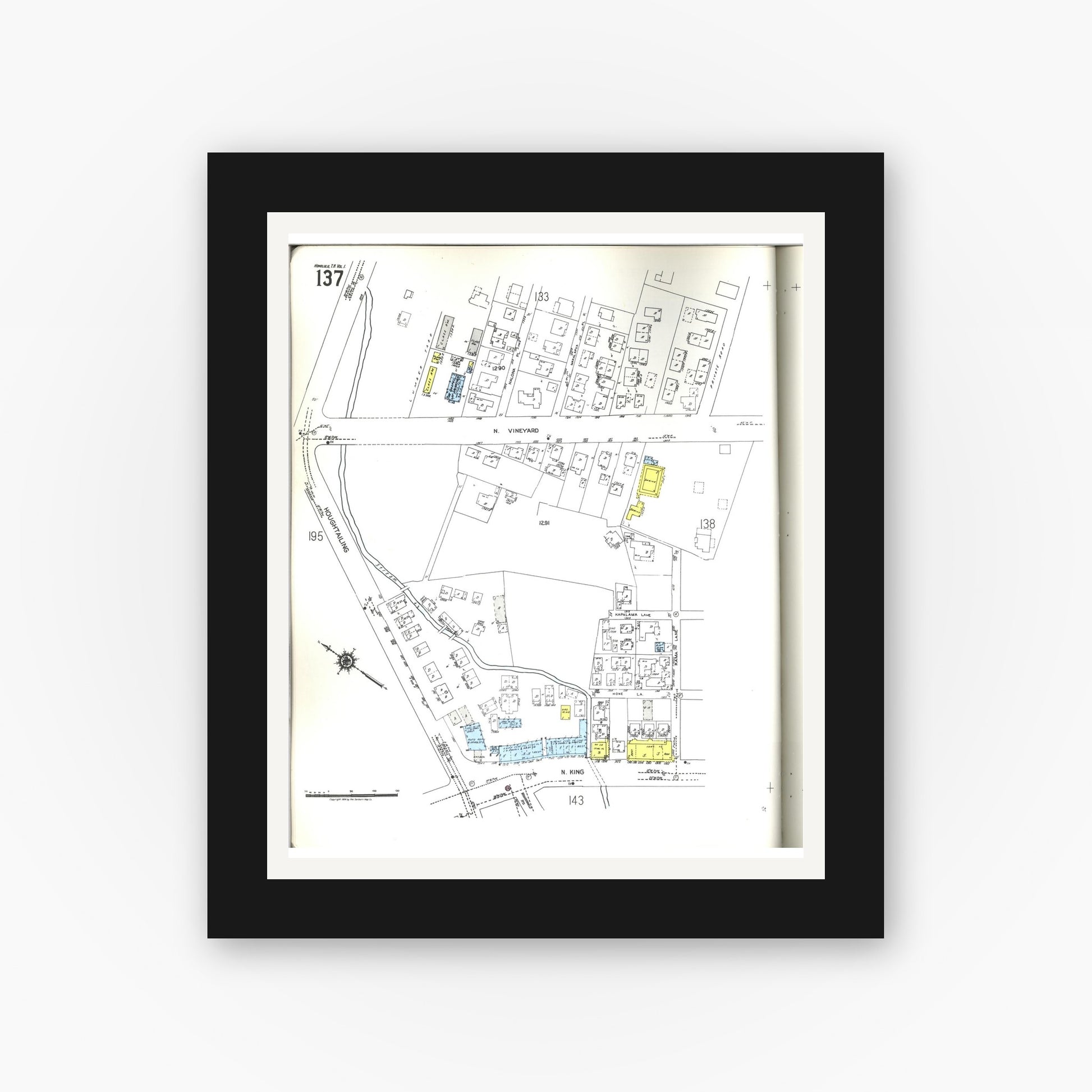 Old map wall art mockup — black gallery frame with white mat — Sanborn Fire Insurance Map from Honolulu, Oahu County, Hawaii (1955), Sheet #0137