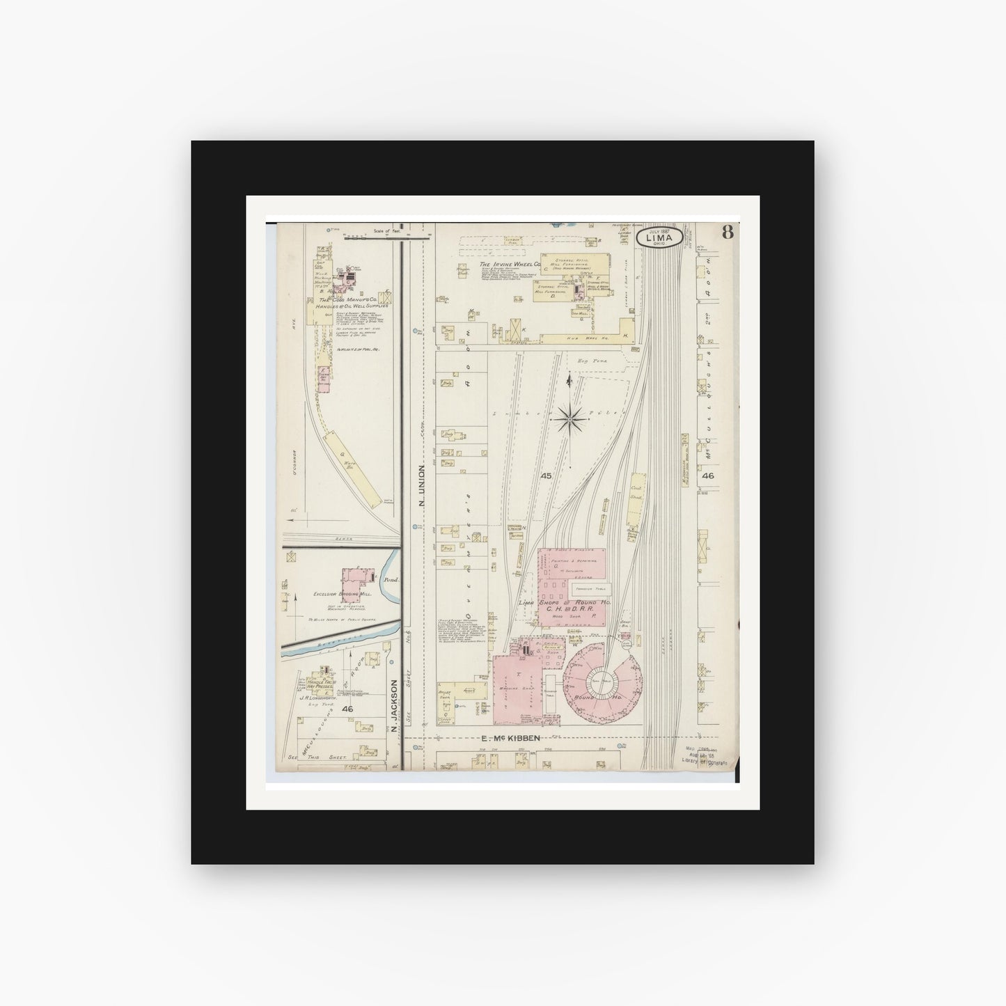 Old map wall art mockup — black gallery frame with white mat — Sanborn Fire Insurance Map from Lima, Allen County, Ohio (1887), Sheet #0008
