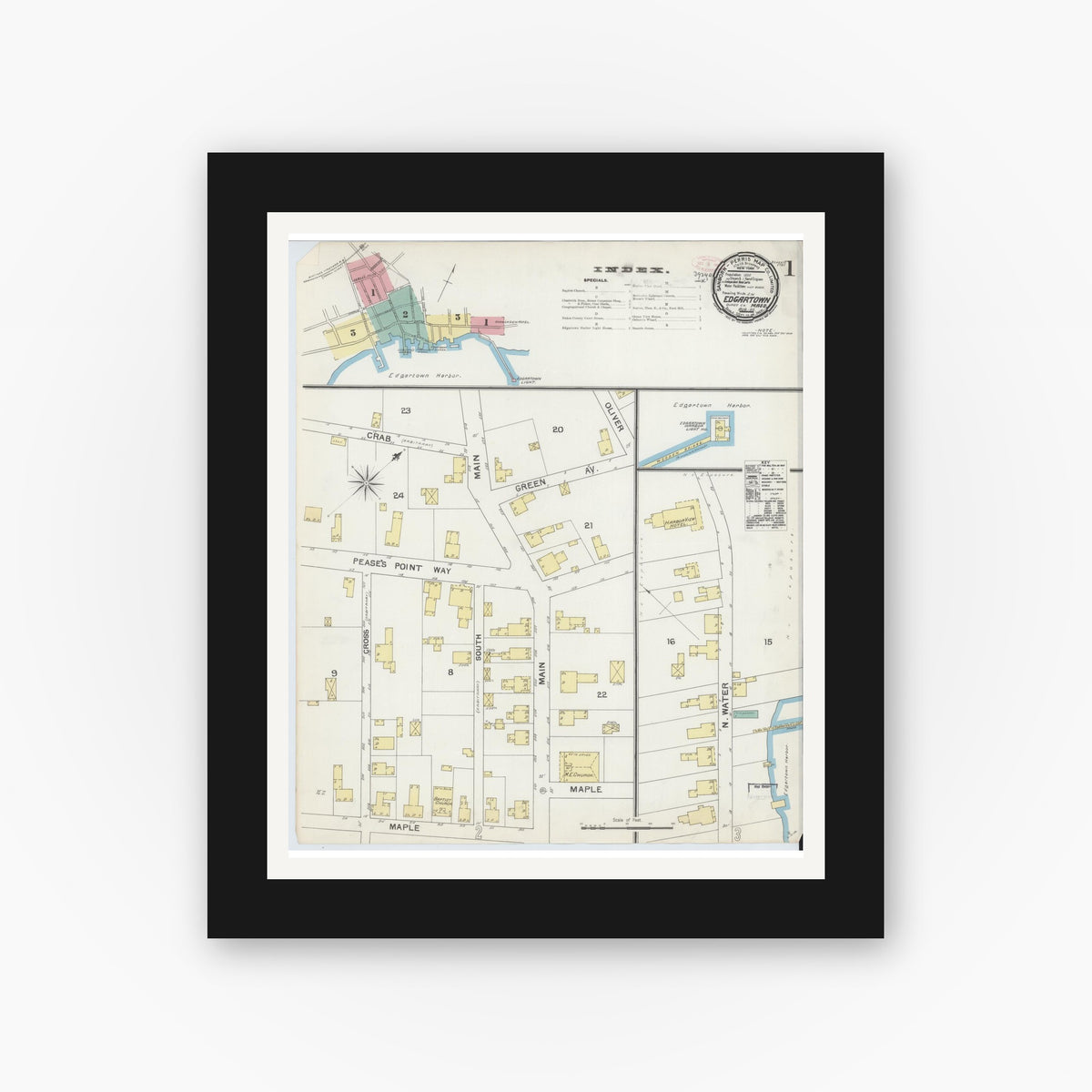 Old map wall art mockup — black gallery frame with white mat — Sanborn Fire Insurance Map from Edgartown, Dukes County, Massachusetts (1892) - Complete Map Set