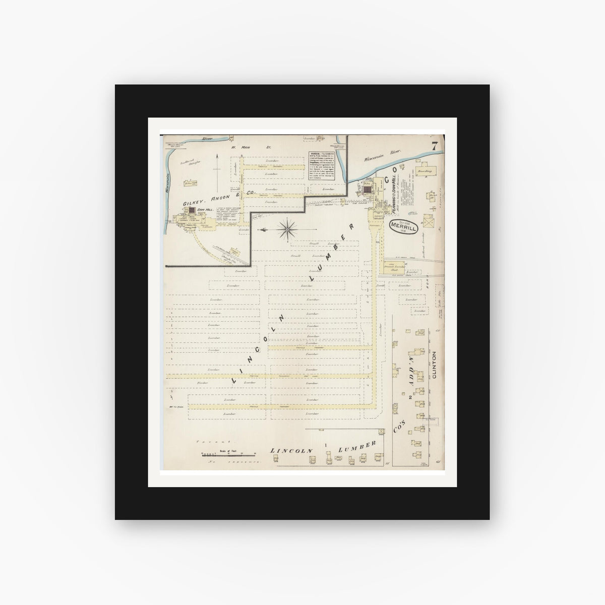 Old map wall art mockup — black gallery frame with white mat — Sanborn Fire Insurance Map from Merrill, Lincoln County, Wisconsin (1884), Sheet #0007
