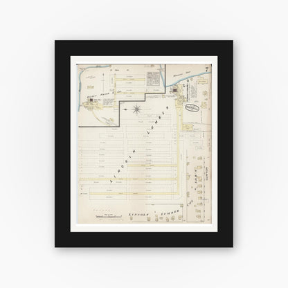 Old map wall art mockup — black gallery frame with white mat — Sanborn Fire Insurance Map from Merrill, Lincoln County, Wisconsin (1884), Sheet #0007