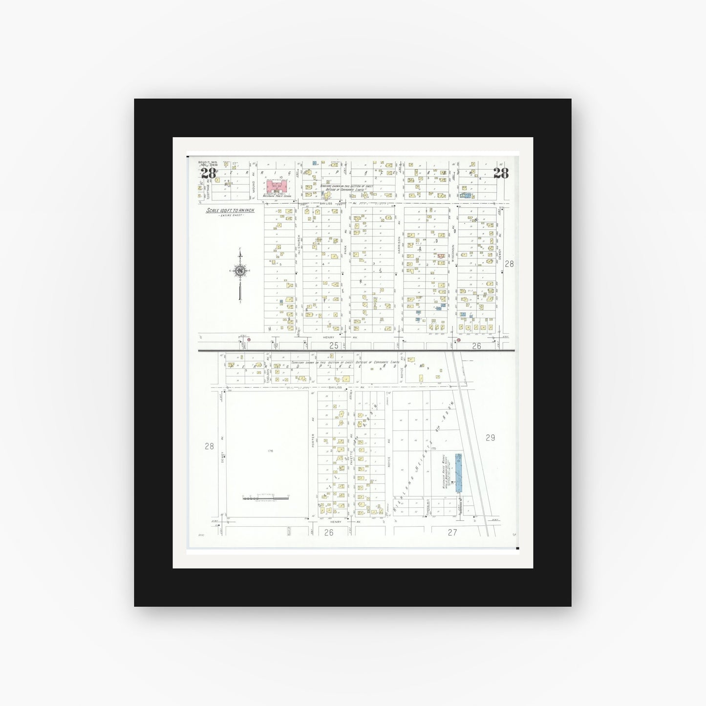 Old map wall art mockup — black gallery frame with white mat — Sanborn Fire Insurance Map from Beloit, Rock County, Wisconsin (1939), Sheet #0028