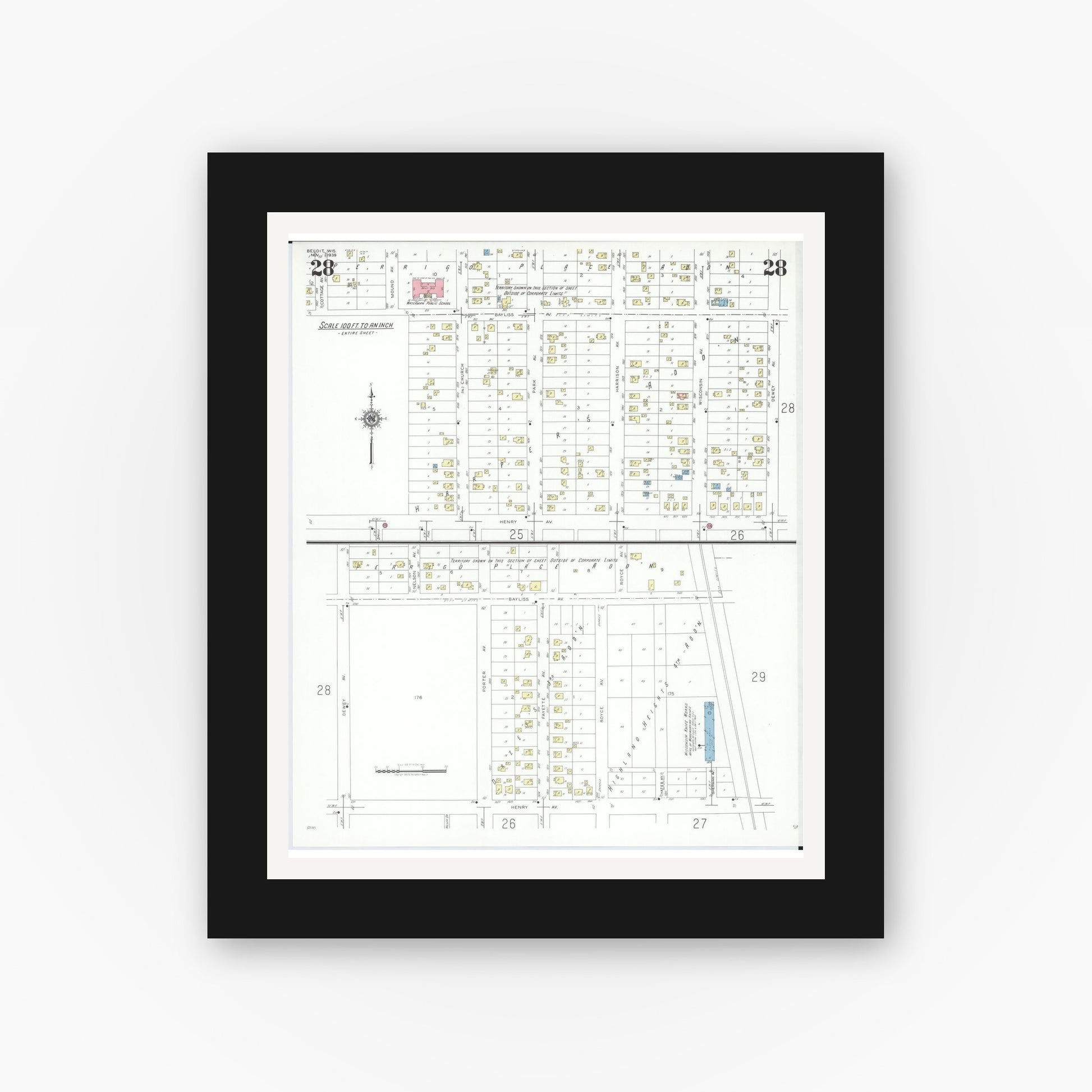 Old map wall art mockup — black gallery frame with white mat — Sanborn Fire Insurance Map from Beloit, Rock County, Wisconsin (1939), Sheet #0028
