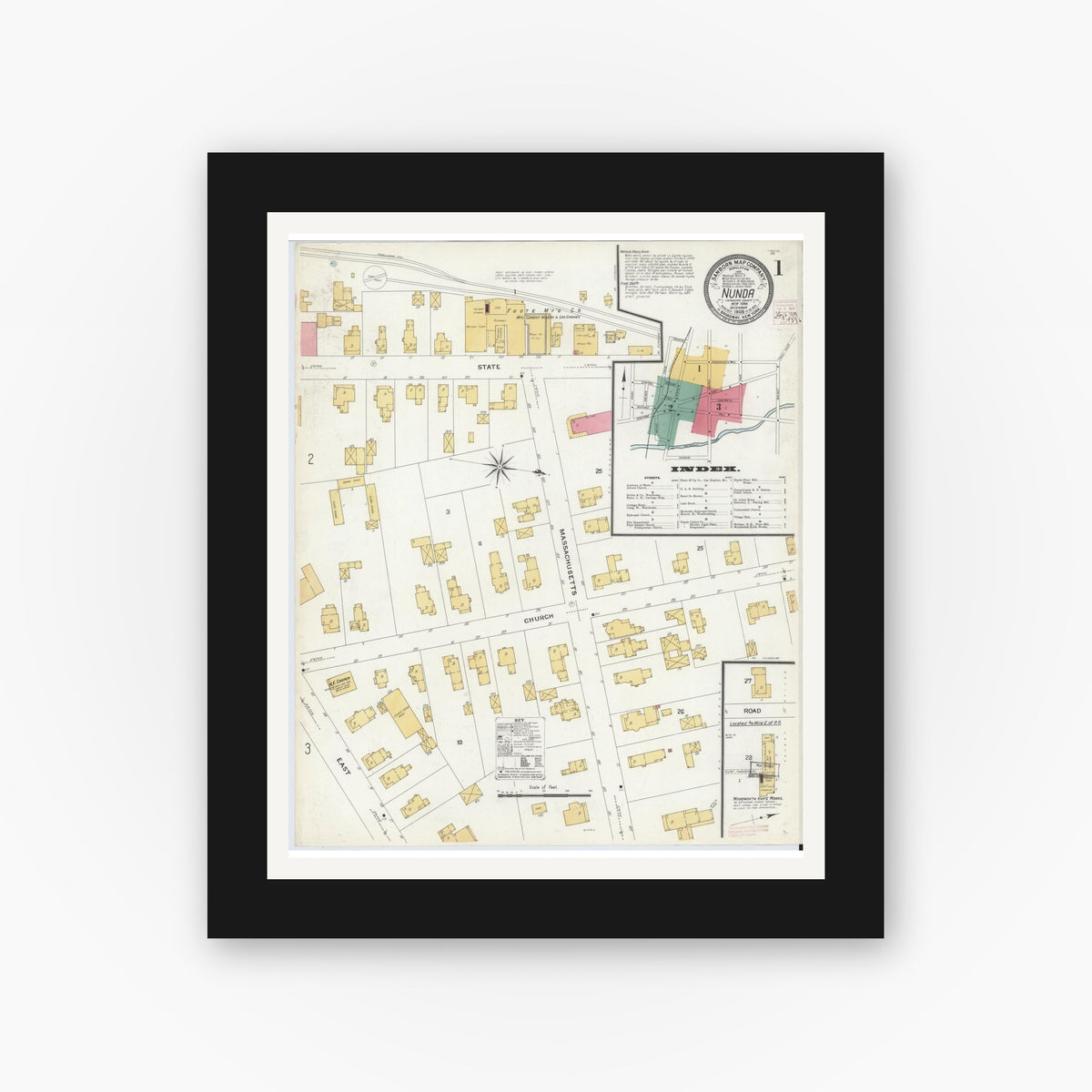 Old map wall art mockup — black gallery frame with white mat — Sanborn Fire Insurance Map from Nunda, Livingston County, New York (1908) - Complete Map Set