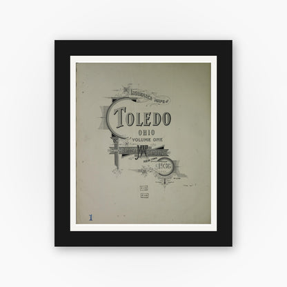 Old map wall art mockup — black gallery frame with white mat — Sanborn Fire Insurance Map from Toledo, Lucas County, Ohio (1936), Sheet #0001
