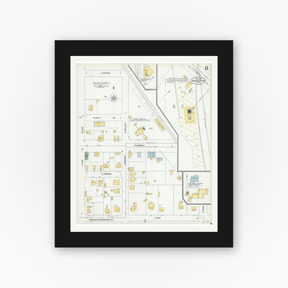 Old map wall art mockup — black gallery frame with white mat — Sanborn Fire Insurance Map from Weatherford, Parker County, Texas (1900), Sheet #0008
