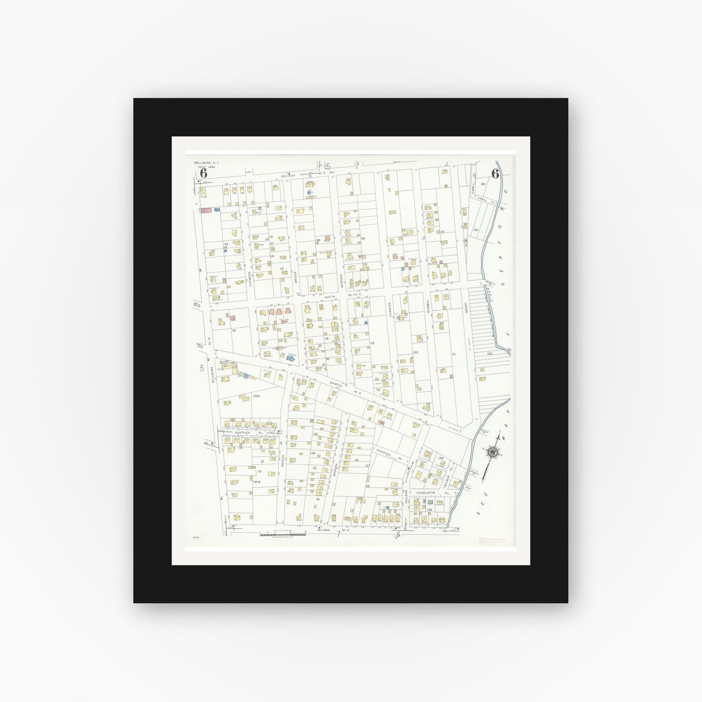Old map wall art mockup — black gallery frame with white mat — Sanborn Fire Insurance Map from Bellmore, Nassau County, New York (1940), Sheet #0006