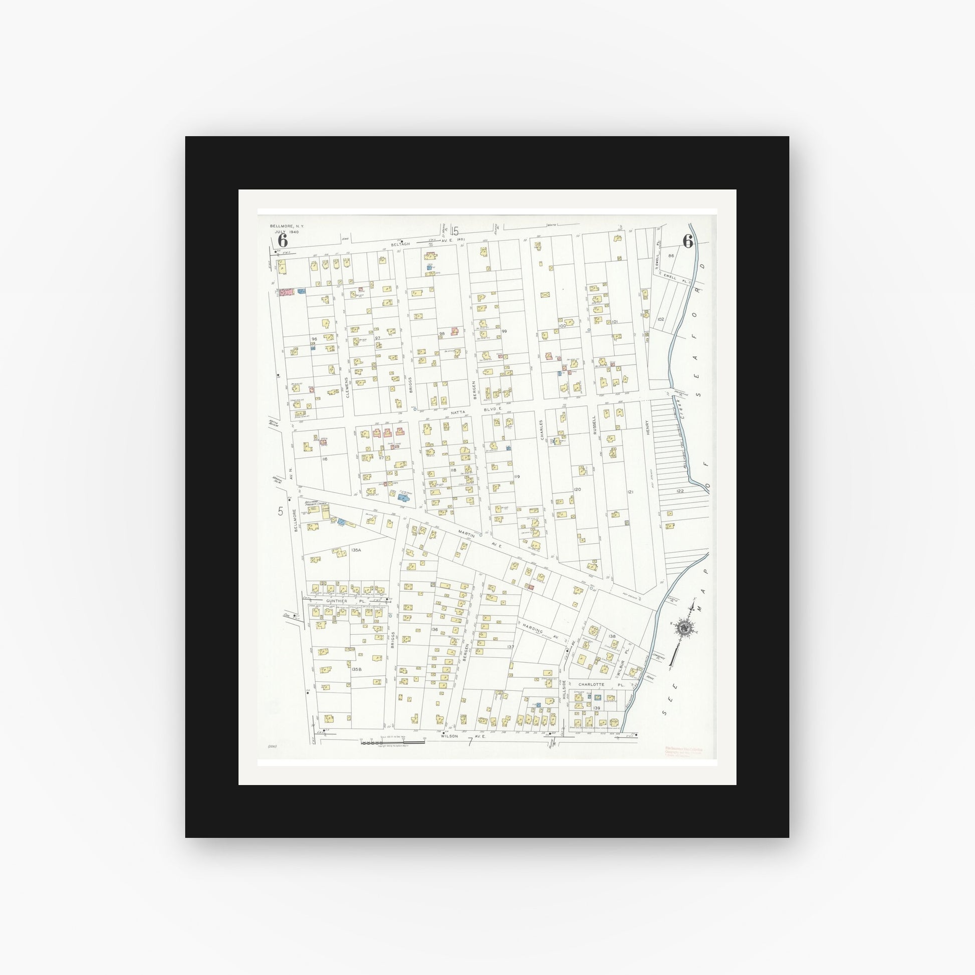 Old map wall art mockup — black gallery frame with white mat — Sanborn Fire Insurance Map from Bellmore, Nassau County, New York (1940), Sheet #0006