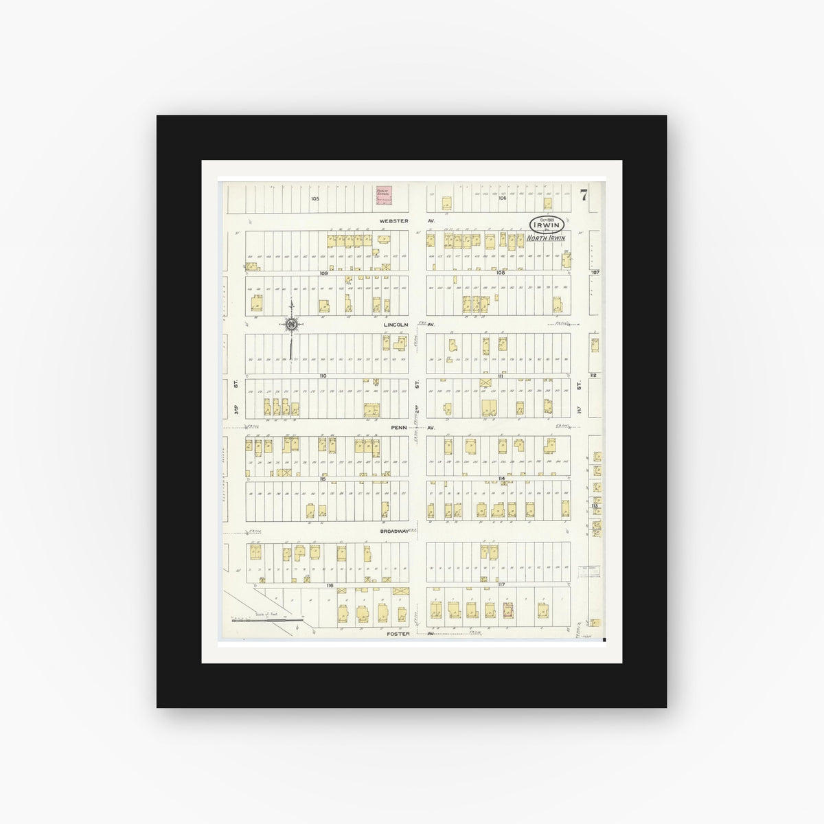 Old map wall art mockup — black gallery frame with white mat — Sanborn Fire Insurance Map from Irwin, Westmoreland County, Pennsylvania (1909), Sheet #0007