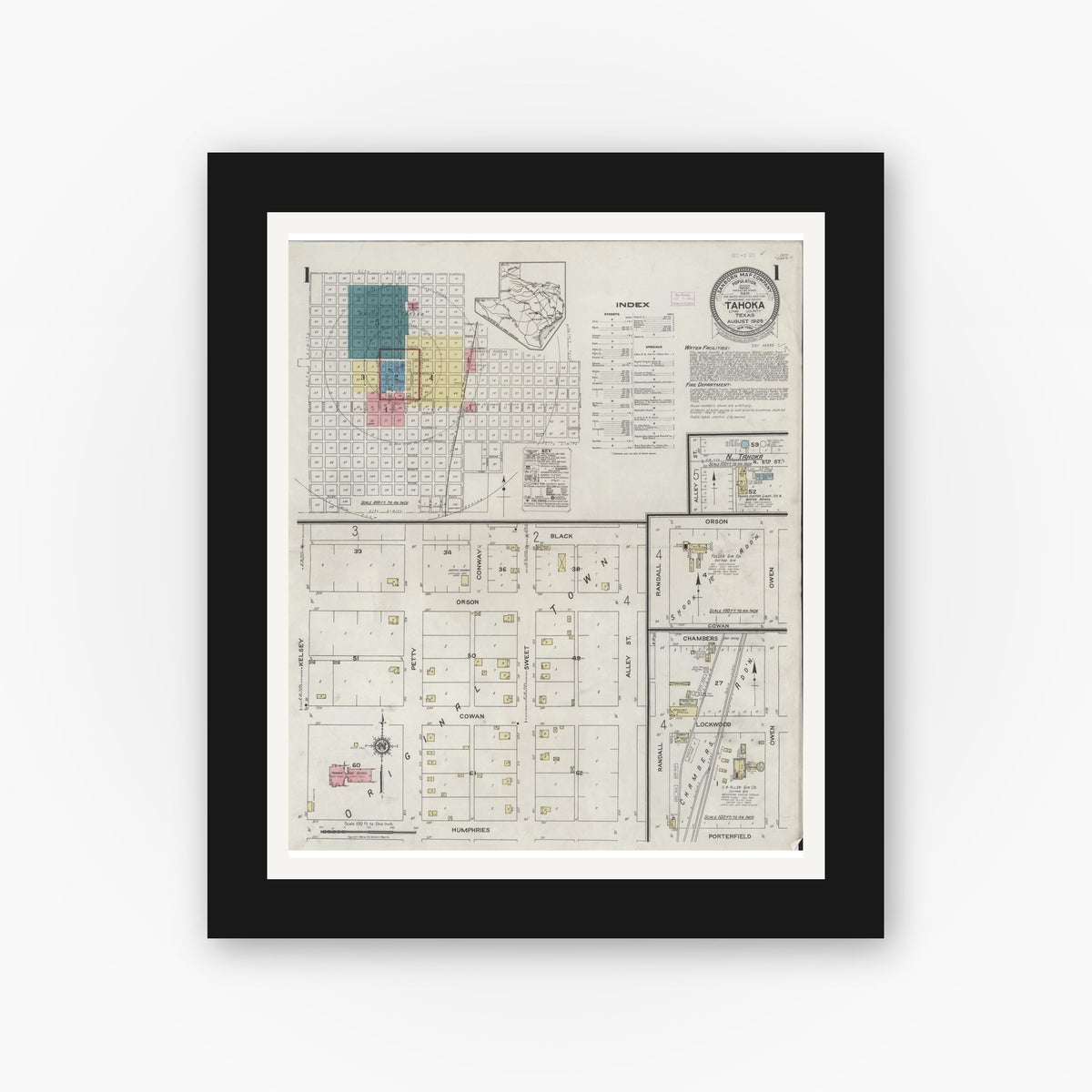 Old map wall art mockup — black gallery frame with white mat — Sanborn Fire Insurance Map from Tahoka, Lynn County, Texas (1925) - Complete Map Set
