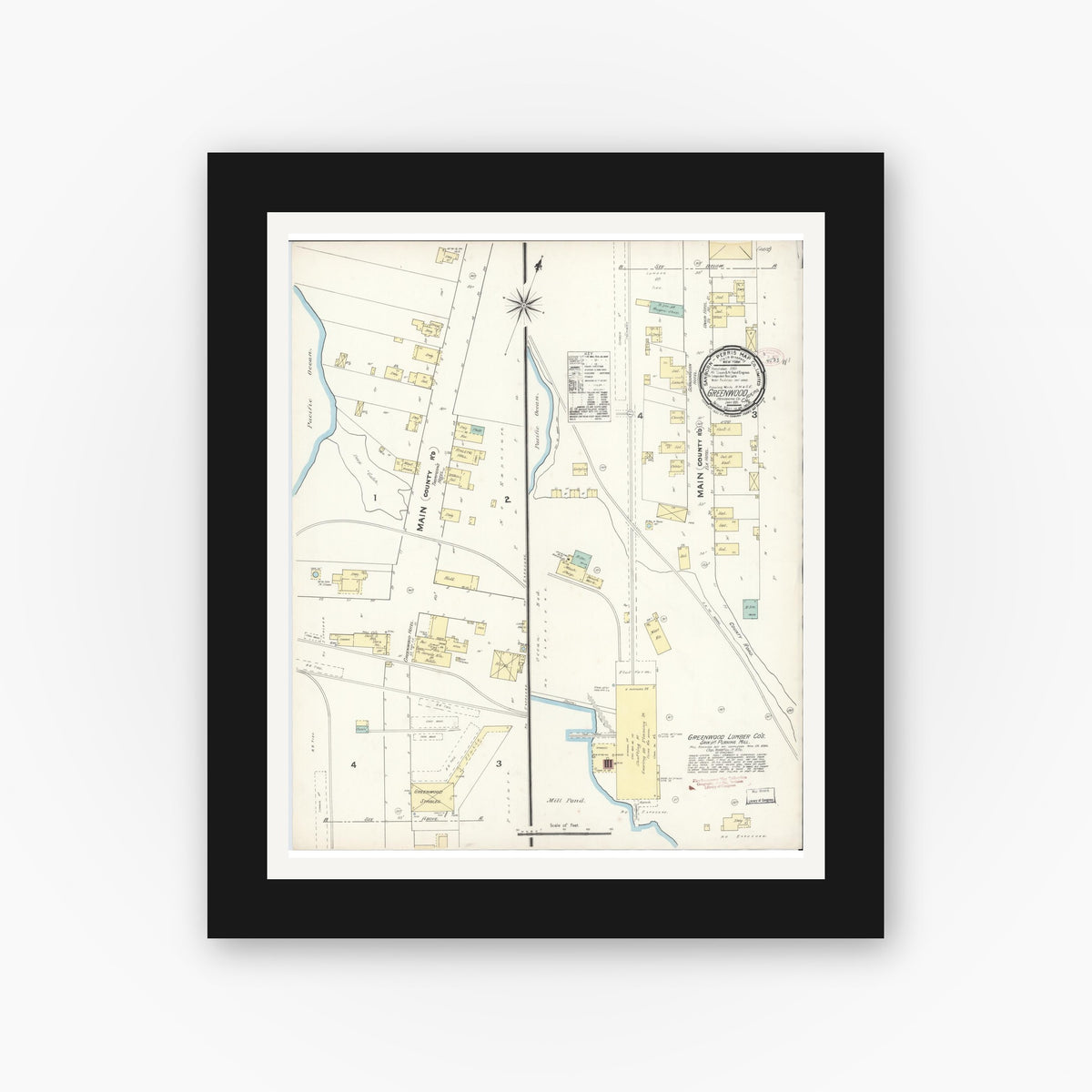Old map wall art mockup — black gallery frame with white mat — Sanborn Fire Insurance Map from Greenwood, Mendocino County, California (1891), Sheet #0001
