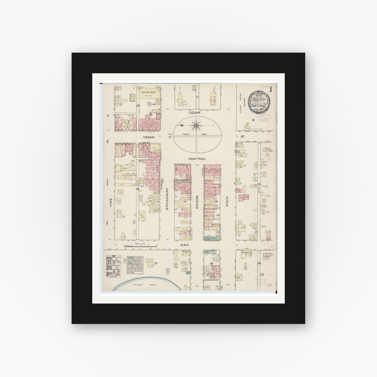 Old map wall art mockup — black gallery frame with white mat — Sanborn Fire Insurance Map from Owatonna, Steele County, Minnesota (1884) - Complete Map Set