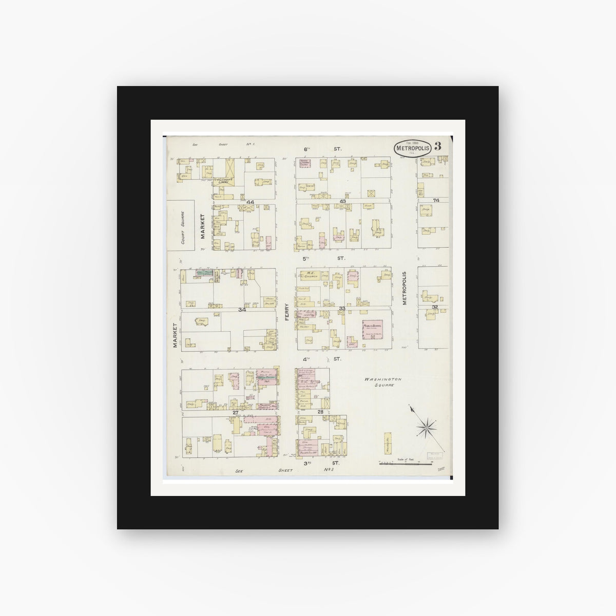 Old map wall art mockup — black gallery frame with white mat — Sanborn Fire Insurance Map from Metropolis, Massac County, Illinois (1888), Sheet #0003