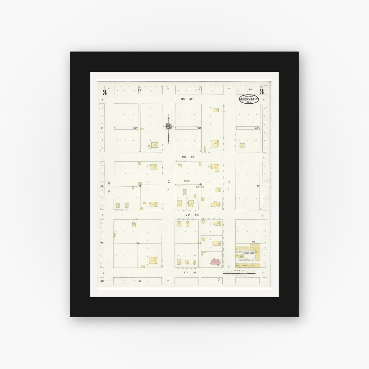 Old map wall art mockup — black gallery frame with white mat — Sanborn Fire Insurance Map from Abernathy, Hale County, Texas (1925), Sheet #0003