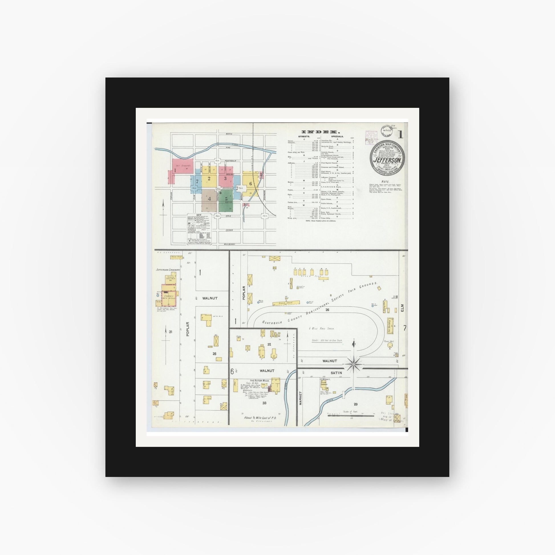 Old map wall art mockup — black gallery frame with white mat — Sanborn Fire Insurance Map from Jefferson, Ashtabula County, Ohio (1902) - Complete Map Set