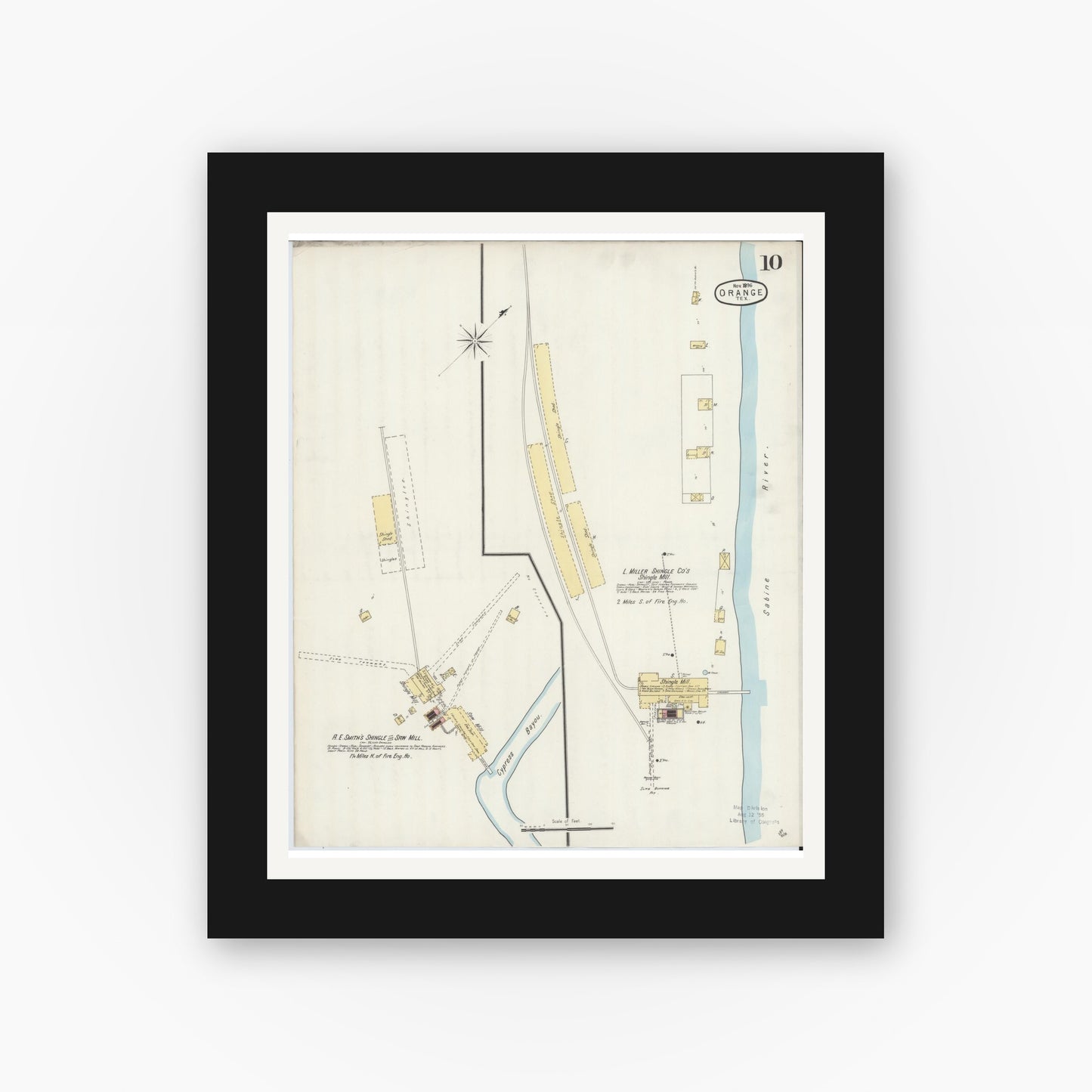 Old map wall art mockup — black gallery frame with white mat — Sanborn Fire Insurance Map from Orange, Orange County, Texas (1896), Sheet #0010