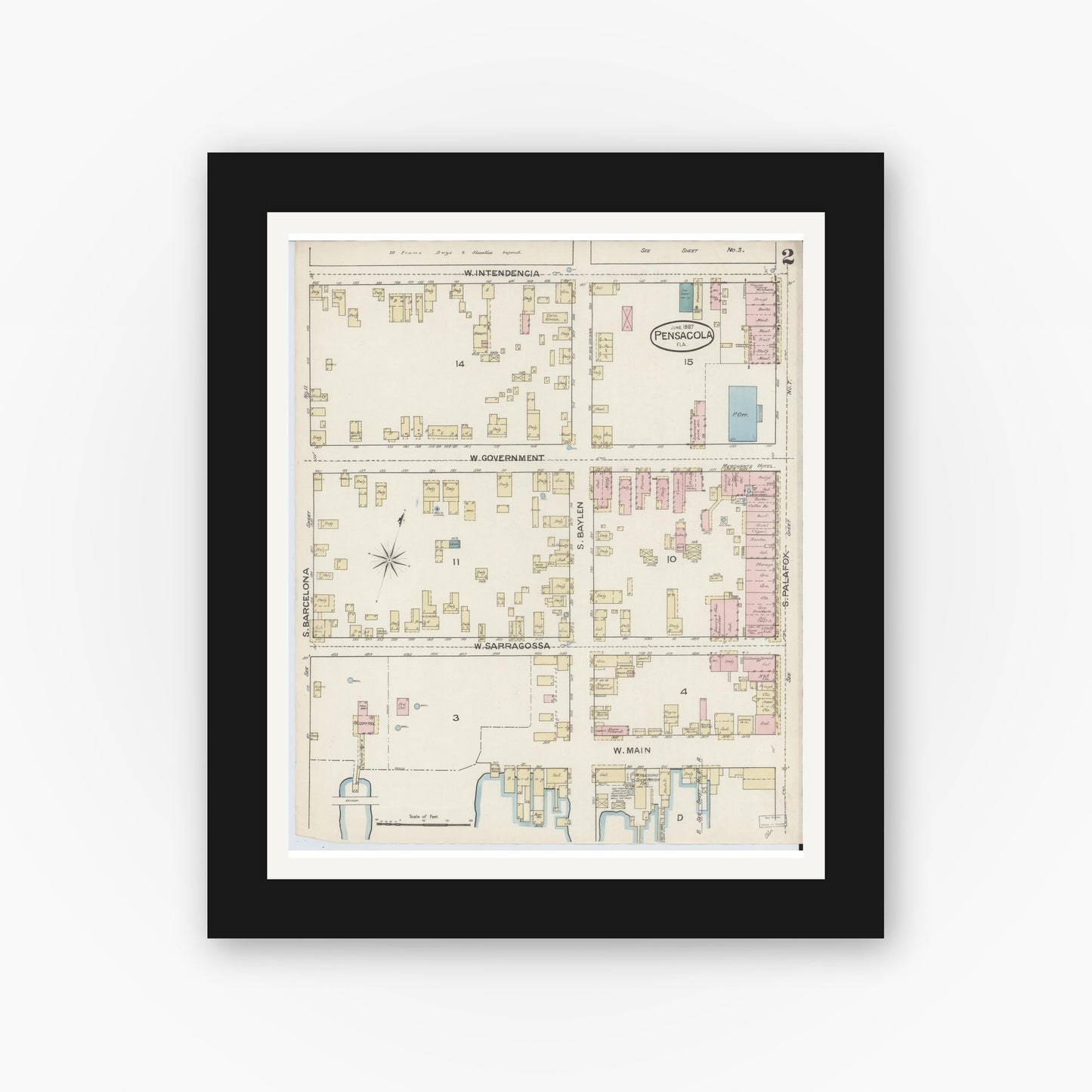 Old map wall art mockup — black gallery frame with white mat — Sanborn Fire Insurance Map from Pensacola, Escambia County, Florida (1887), Sheet #0002