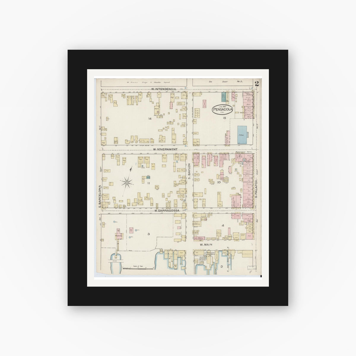 Old map wall art mockup — black gallery frame with white mat — Sanborn Fire Insurance Map from Pensacola, Escambia County, Florida (1887), Sheet #0002