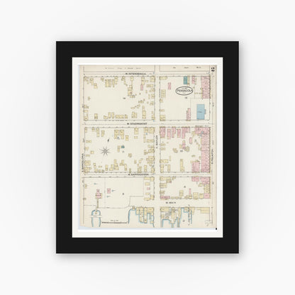 Old map wall art mockup — black gallery frame with white mat — Sanborn Fire Insurance Map from Pensacola, Escambia County, Florida (1887), Sheet #0002