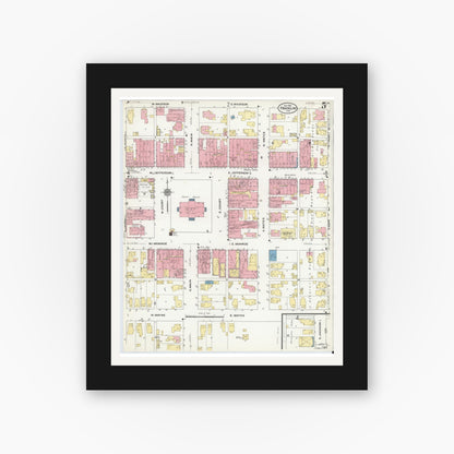 Old map wall art mockup — black gallery frame with white mat — Sanborn Fire Insurance Map from Franklin, Johnson County, Indiana (1910), Sheet #0005