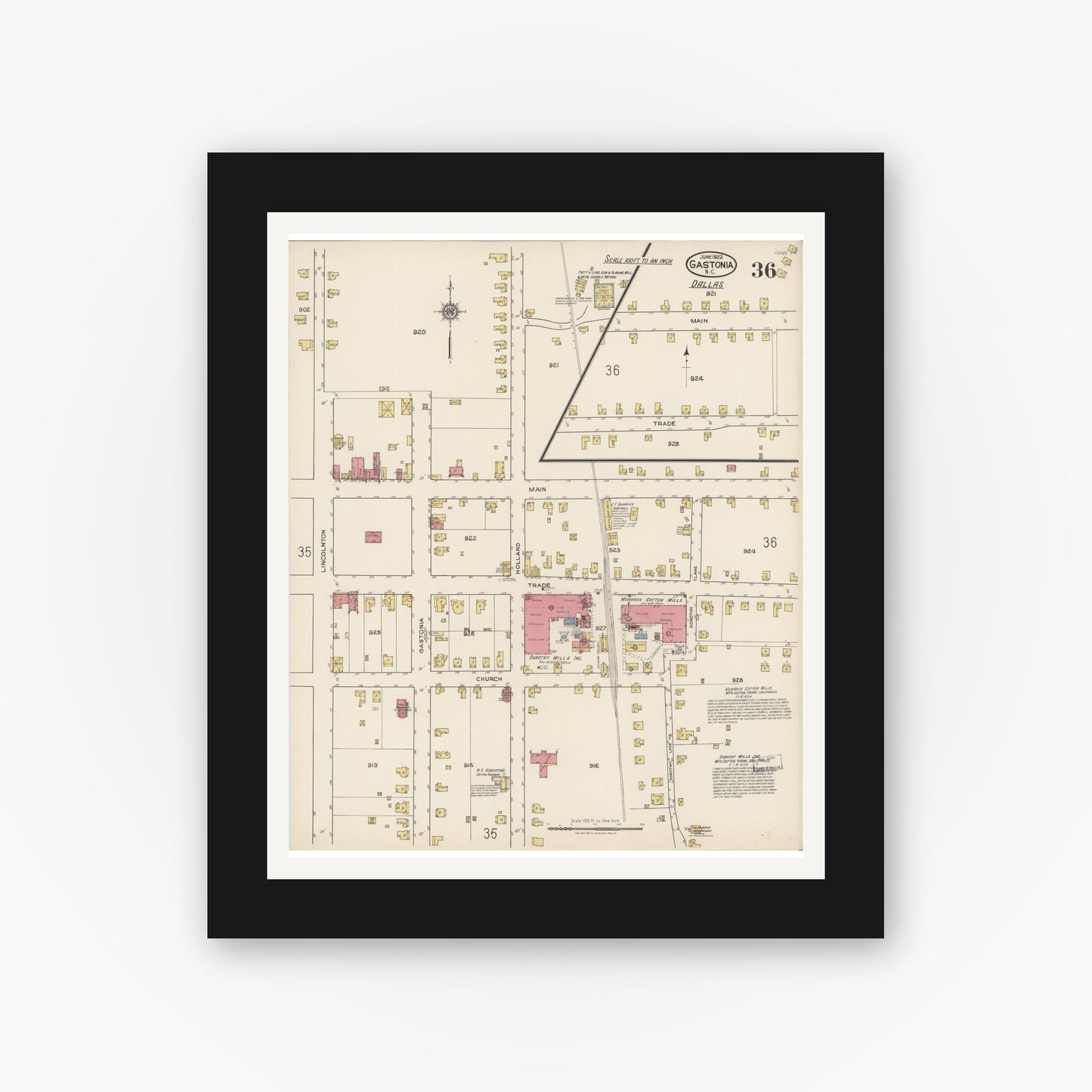 Old map wall art mockup — black gallery frame with white mat — Sanborn Fire Insurance Map from Gastonia, Gaston County, North Carolina (1922), Sheet #0036